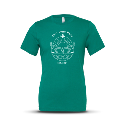 kelly green short-sleeve fitted crewneck t-shirt with a white nature-inspired custom logo design and “EST. 2024” text on the front.