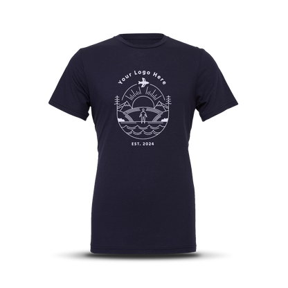 Navy short-sleeve crewneck t-shirt with custom white outdoor-themed logo design centered on the chest.