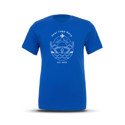 Royal blue short-sleeve crewneck t-shirt with custom white outdoor-themed logo design centered on the chest.