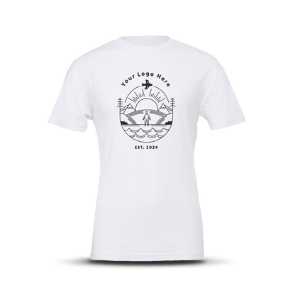 White short-sleeve crewneck t-shirt with custom white outdoor-themed logo design centered on the chest.