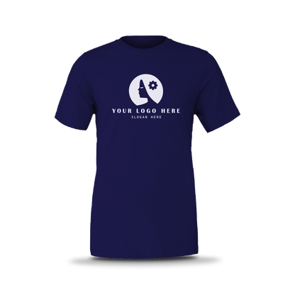 Navy blue unisex short-sleeve T-shirt with white custom logo on front.