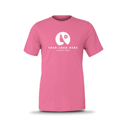 Neon pink unisex short-sleeve T-shirt with white custom logo on front.