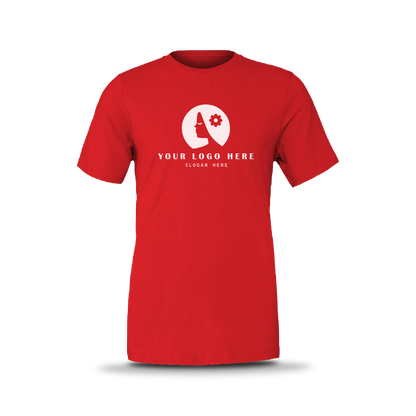 Red unisex short-sleeve T-shirt with white custom logo on front.