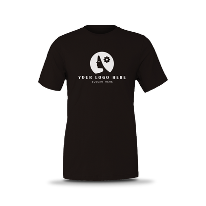 Black unisex short-sleeve T-shirt with white custom logo on front.