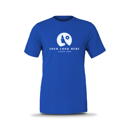 Royal blue unisex short-sleeve T-shirt with white custom logo on front.