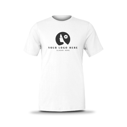 White unisex short-sleeve T-shirt with  custom logo on front.