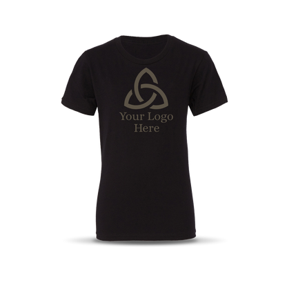 Black-colored short-sleeve unisex T-shirt featuring a centered geometric triquetra-style logo with the text 'Your Logo Here' below it.