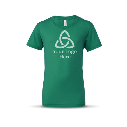 Kelly green-colored short-sleeve unisex T-shirt featuring a centered geometric triquetra-style logo with the text 'Your Logo Here' below it.