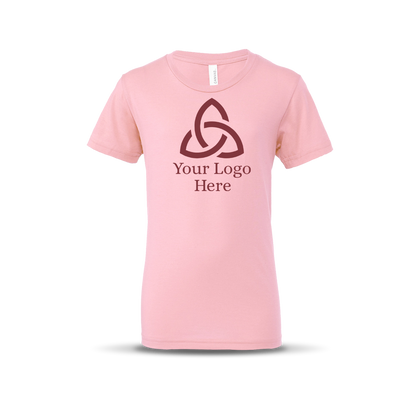 Pink-colored short-sleeve unisex T-shirt featuring a centered geometric triquetra-style logo with the text 'Your Logo Here' below it.