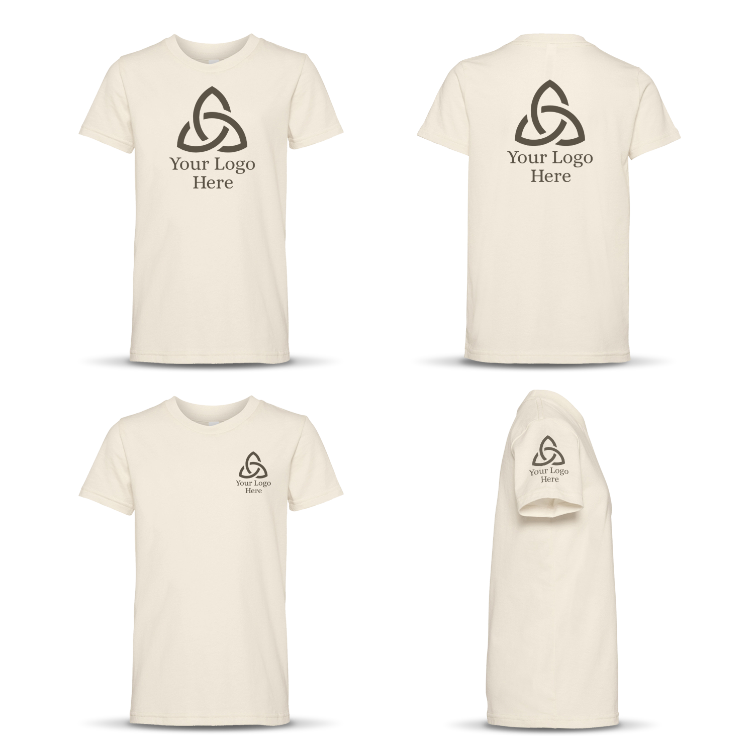 Four-angle view of a natural-colored unisex short-sleeve T-shirt with a dark triquetra-style logo and the text 'Your Logo Here' printed on the front center, back center, left chest, and left sleeve.