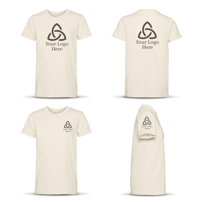 Four-angle view of a natural-colored unisex short-sleeve T-shirt with a dark triquetra-style logo and the text 'Your Logo Here' printed on the front center, back center, left chest, and left sleeve.