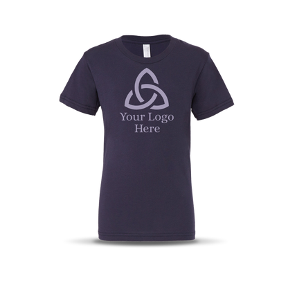 Navy-colored short-sleeve unisex T-shirt featuring a centered geometric triquetra-style logo with the text 'Your Logo Here' below it.