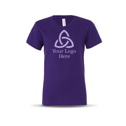 Purple-colored short-sleeve unisex T-shirt featuring a centered geometric triquetra-style logo with the text 'Your Logo Here' below it.