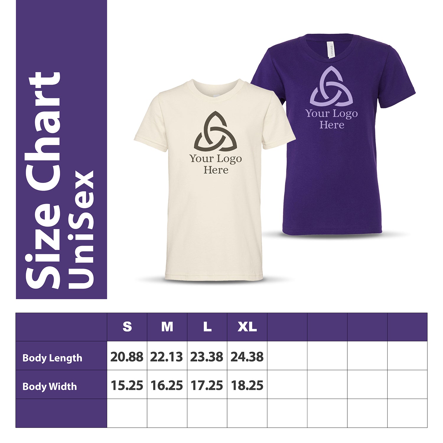 Unisex size chart with two short-sleeve T-shirts—one in cream and one in purple—featuring a triquetra-style logo and the text 'Your Logo Here'; includes body length and width measurements for sizes S to XL