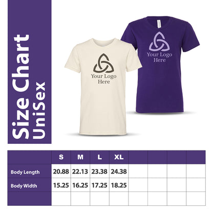 Unisex size chart with two short-sleeve T-shirts—one in cream and one in purple—featuring a triquetra-style logo and the text 'Your Logo Here'; includes body length and width measurements for sizes S to XL