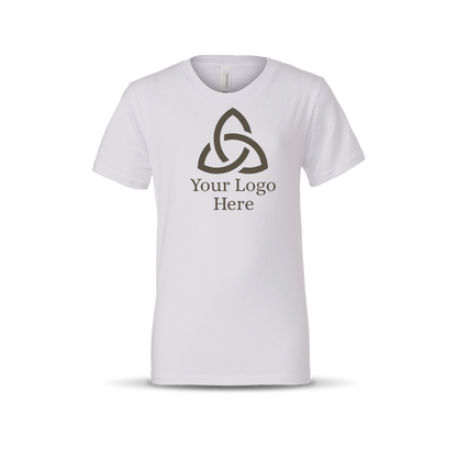 White-colored short-sleeve unisex T-shirt featuring a centered geometric triquetra-style logo with the text 'Your Logo Here' below it.