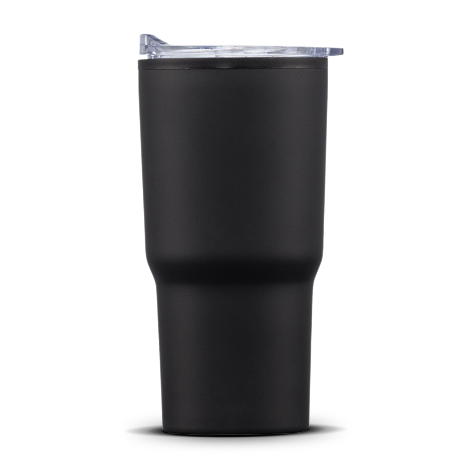 Matte black travel tumbler with clear lid, no visible logo.