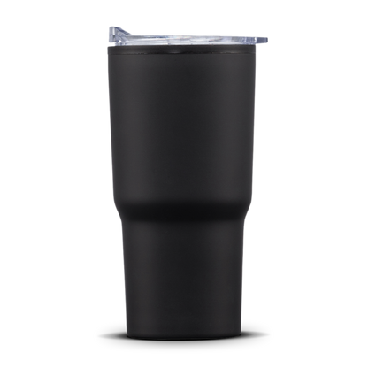 Matte black travel tumbler with clear lid, no visible logo.