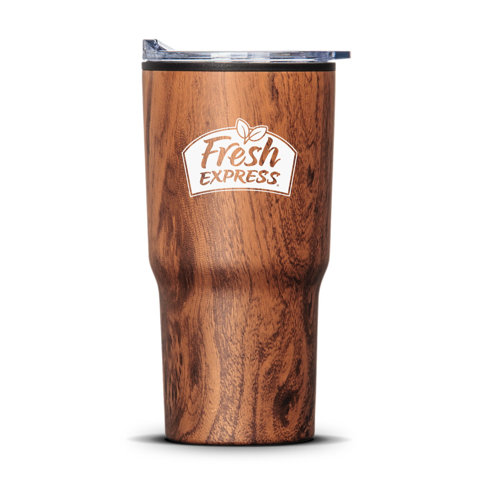 Wood grain travel tumbler with clear lid and white Fresh Express logo.