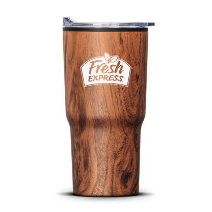 Wood grain travel tumbler with clear lid and white Fresh Express logo.