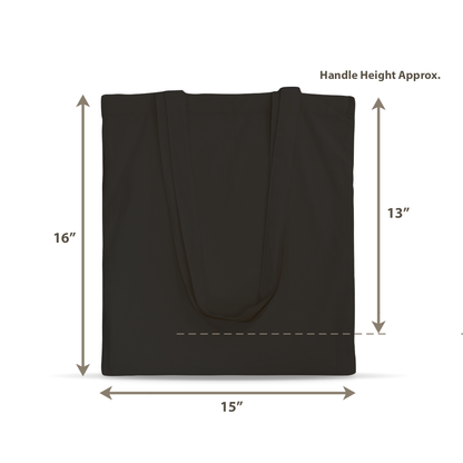 Black canvas tote bag with dimensions approximately 16" height x 15" width and 13" handle drop length.