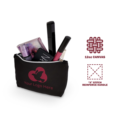 Black zippered accessory bag with a custom pink logo, filled with various makeup products including lipstick, spray bottle, and compact cases.