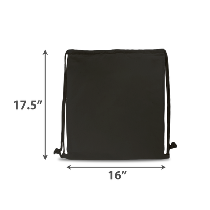 Black drawstring backpack measuring 17.5 inches in height and 16 inches in width, displayed flat with measurement indicators.