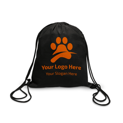 Black drawstring backpack with side cords and a paw print design; placeholder text reads “Your Logo Here” and “Your Slogan Here.”