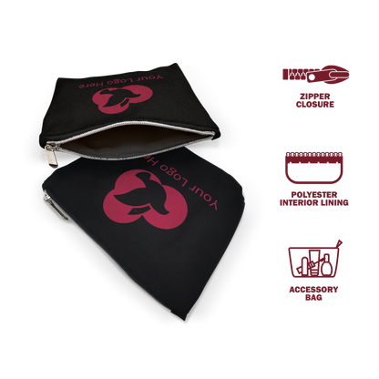 Two black accessory bags with zipper closures and custom pink logo