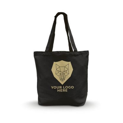 Black tote bag with long handles and a centered geometric wolf design featuring a customizable logo area.