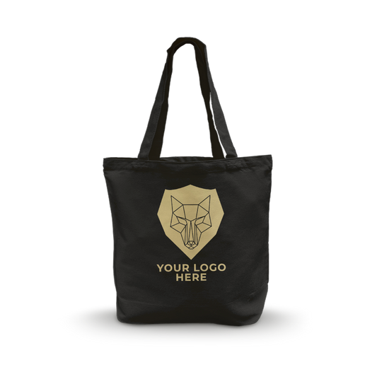 Black tote bag with long handles and a centered geometric wolf design featuring a customizable logo area.