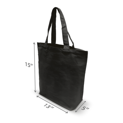 Black tote bag with long handles, displayed at an angle; dimensions are labeled as 15 inches in height, 13 inches in width, and 5 inches in depth.
