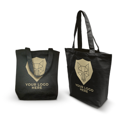 Two black tote bags with long handles, each featuring a gold geometric wolf head design and a "Your Logo Here" placeholder text.