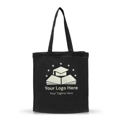 Black canvas tote bag with long handles, featuring a customized educational-themed logo with stars and books.