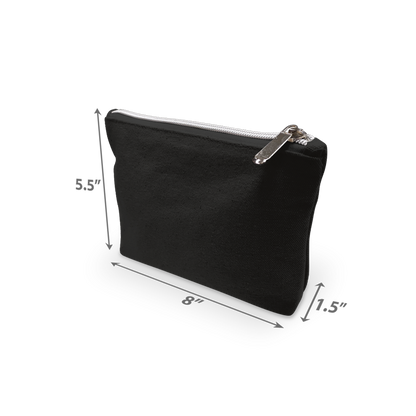 Black accessory pouch with silver zipper, approximately 5.5" in height, 8.5" in width, and 1.5" in depth.