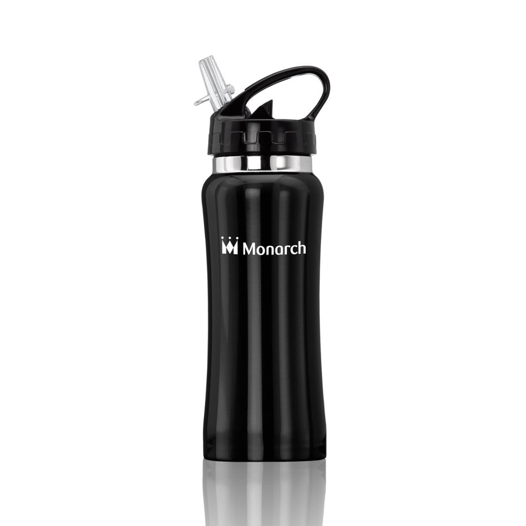 Black stainless steel sports water bottle with a black lid and clear spout, featuring an white logo on the front