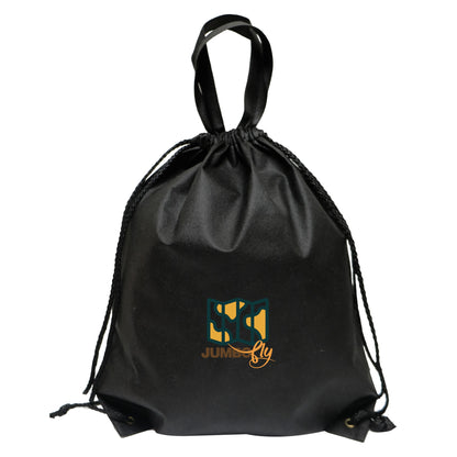 Black drawstring backpack with black cords and top carry handle, featuring a customized logo printed on the front.