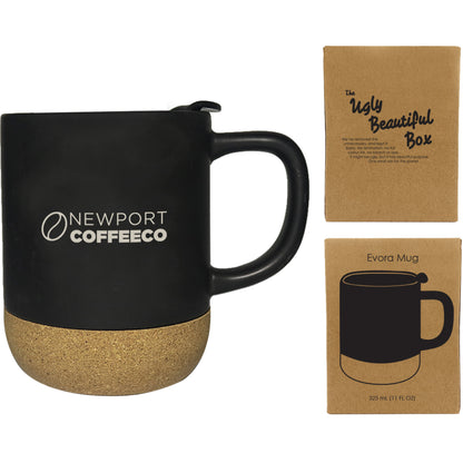Matte black ceramic mug with natural cork base and secure lid, featuring a custom logo；packaged in eco-friendly box