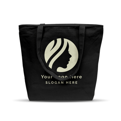 Black tote bag with long handles and placeholder logo and slogan on the front.