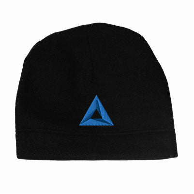Black hemmed polar fleece beanie featuring a dark blue embroidered triangle logo on the front center.