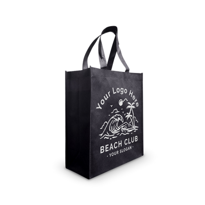 Black reusable tote bag with beach-themed custom logo design.