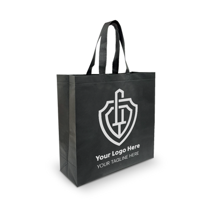 Black reusable tote bag with a white shield-style custom logo and space for a tagline on the front.