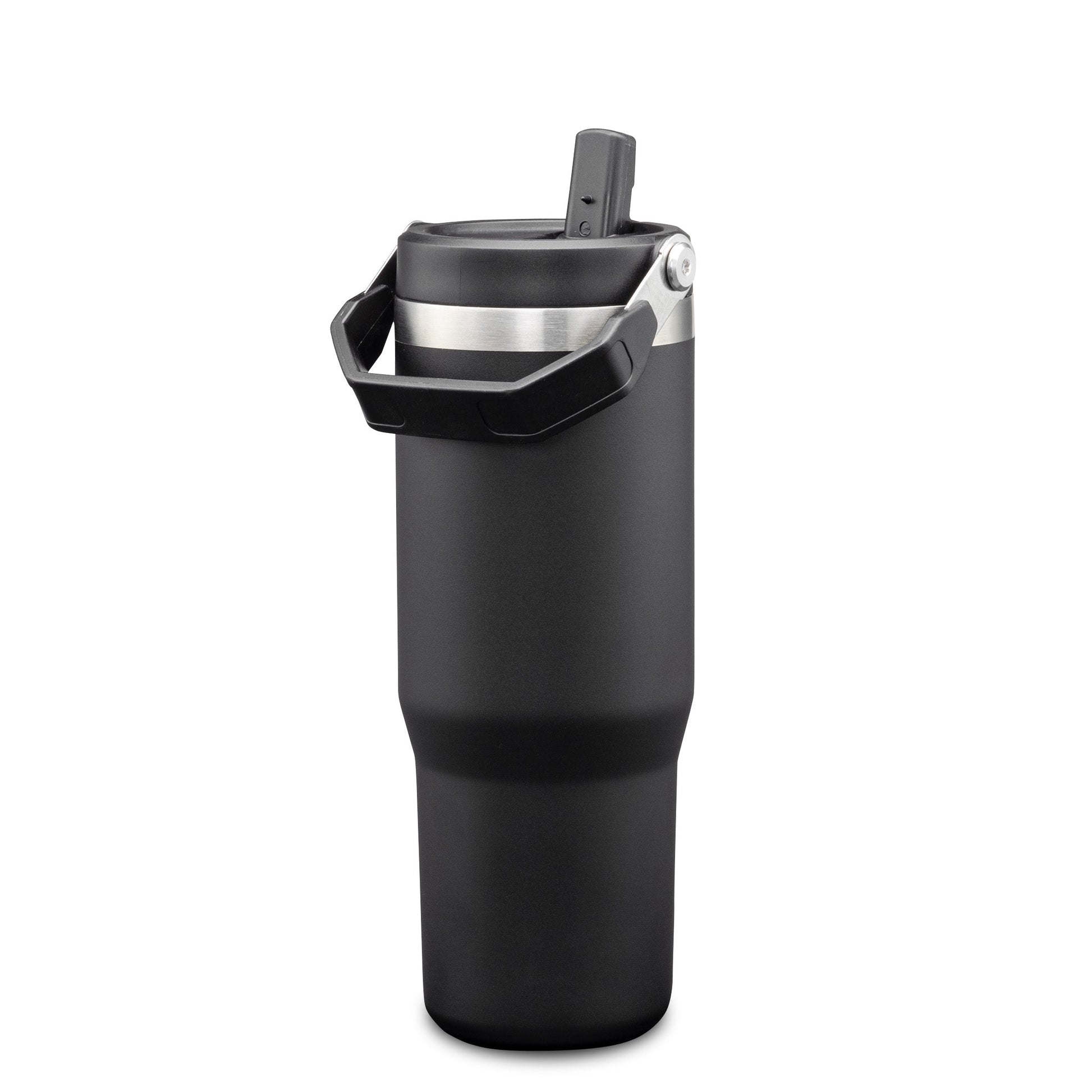Matte black stainless steel tumbler with built-in handle and flip-up straw lid.