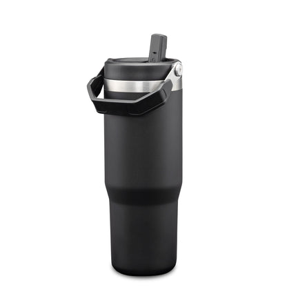 Matte black stainless steel tumbler with built-in handle and flip-up straw lid.