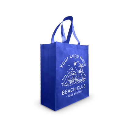 Blue reusable tote bag with beach-themed custom logo design.