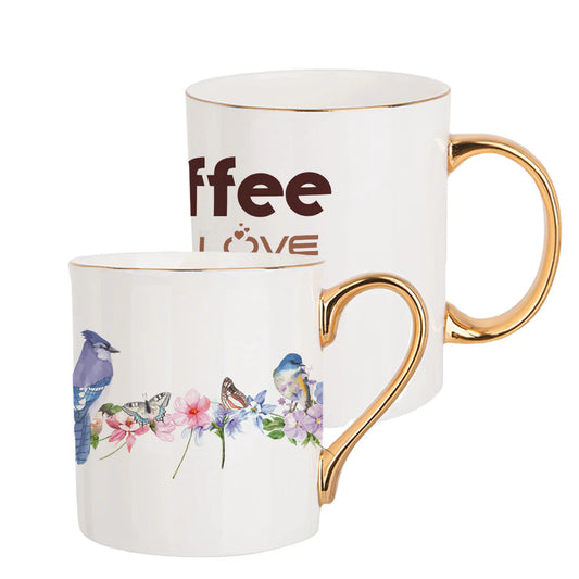 Elegant bone china mug with gold rim and handle, featuring floral and bird artwork and coffee-themed text design