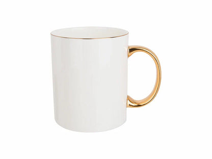 Plain white ceramic mug with a shiny metallic gold handle and a fine gold rim along the top edge.