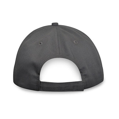 Rear view of a black brushed cotton twill cap featuring stitched eyelets and an adjustable fabric strap with a hook and loop closure.