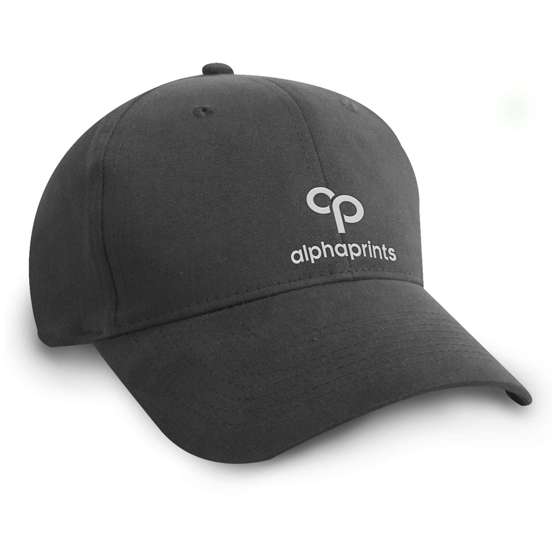 Black brushed cotton twill cap with curved brim, featuring a white embroidered Alpha Prints logo on the front panel.