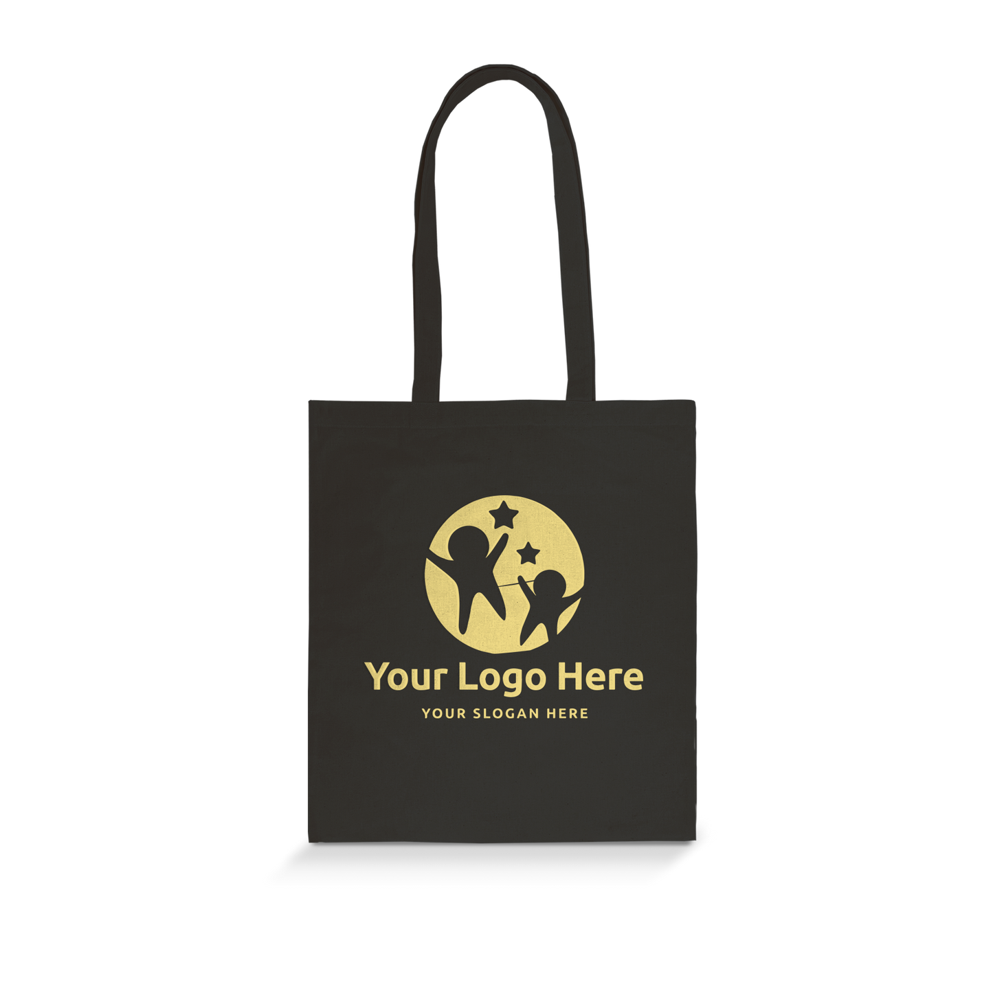 Black canvas tote bag with long handles and centered logo placeholder.